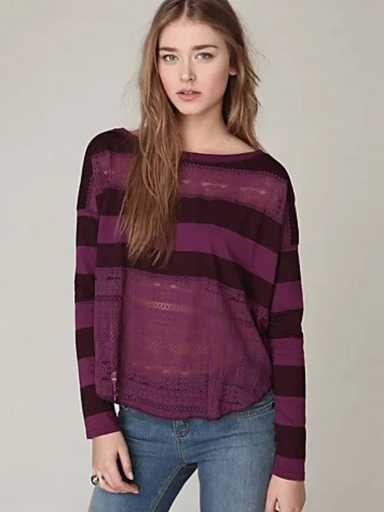 Free People Long Sleeve Lacey Stripes Top in Plum Combo ASO Alex Russo - Picture 3 of 12